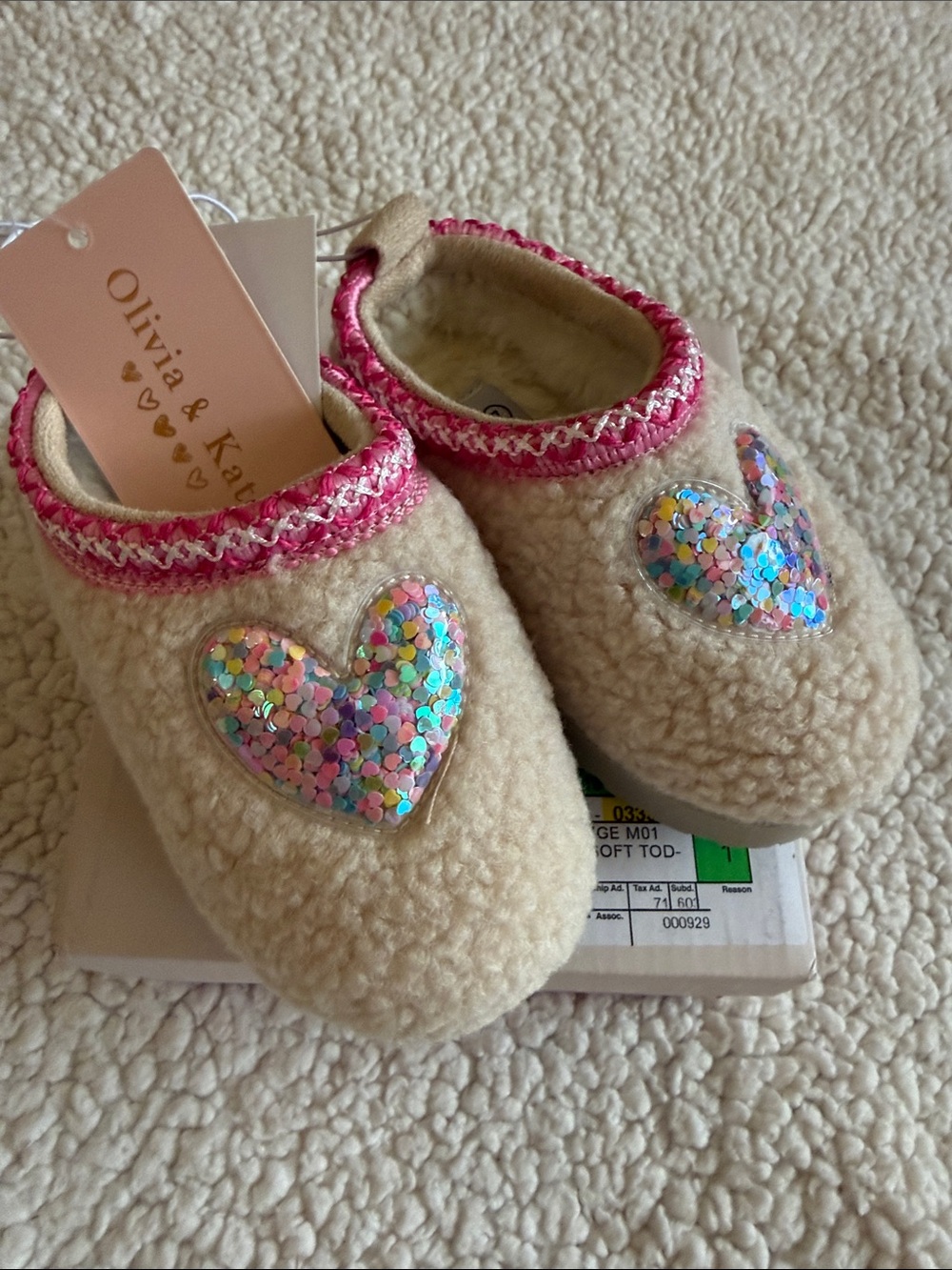 Olivia & Kate  Cream Heart Sequin Slippers - Pink Trim